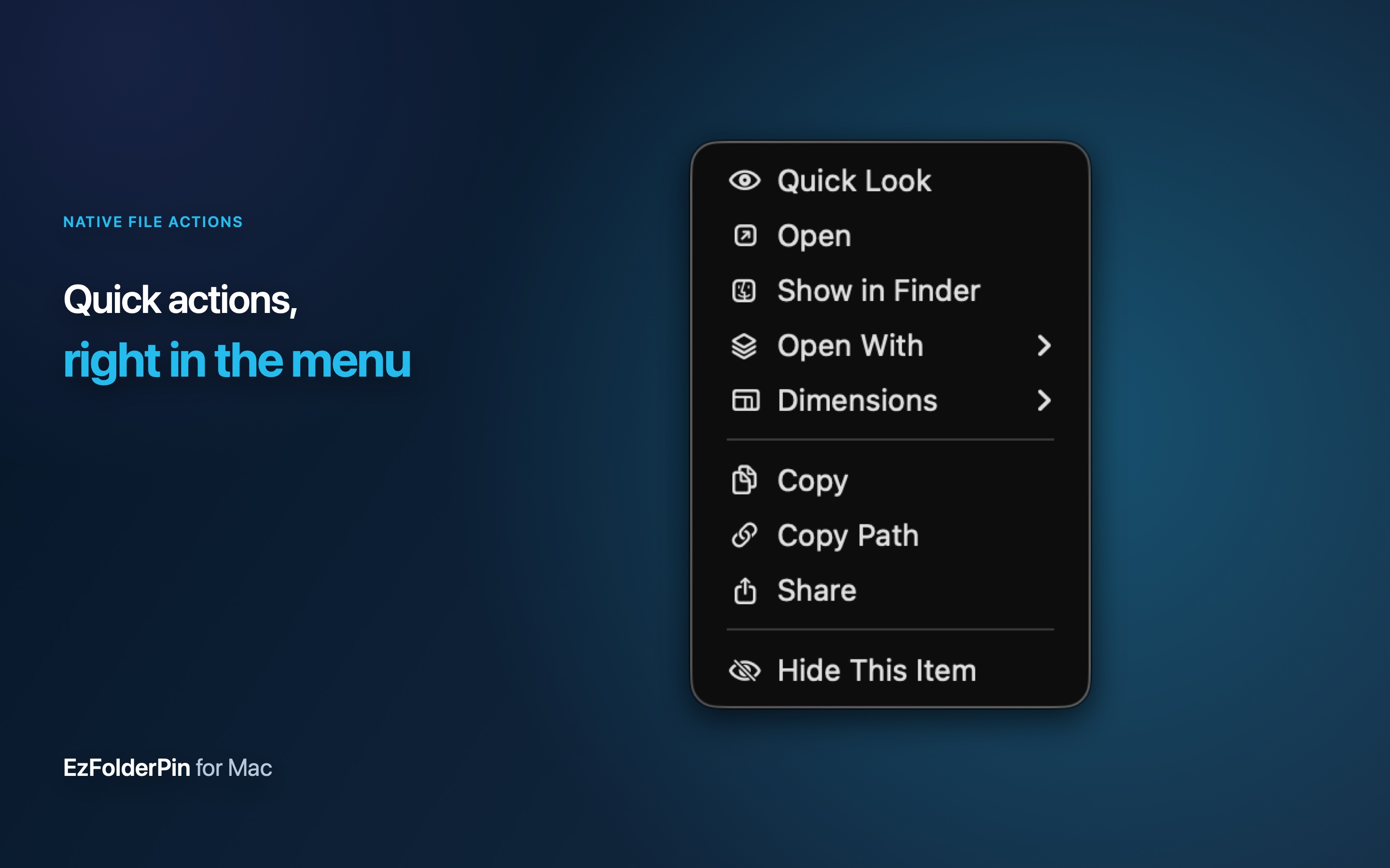 EzFolderPin file submenu with Quick Look, open, reveal, share, copy, and path actions