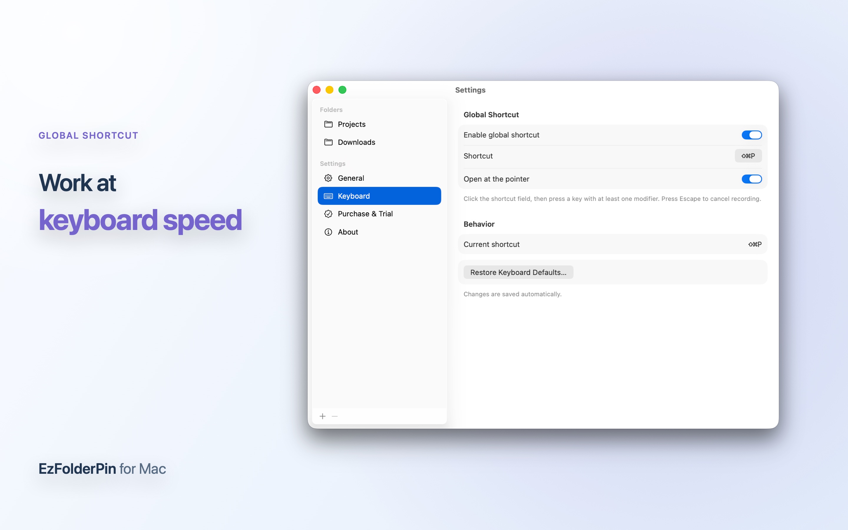 EzFolderPin keyboard shortcut settings on macOS