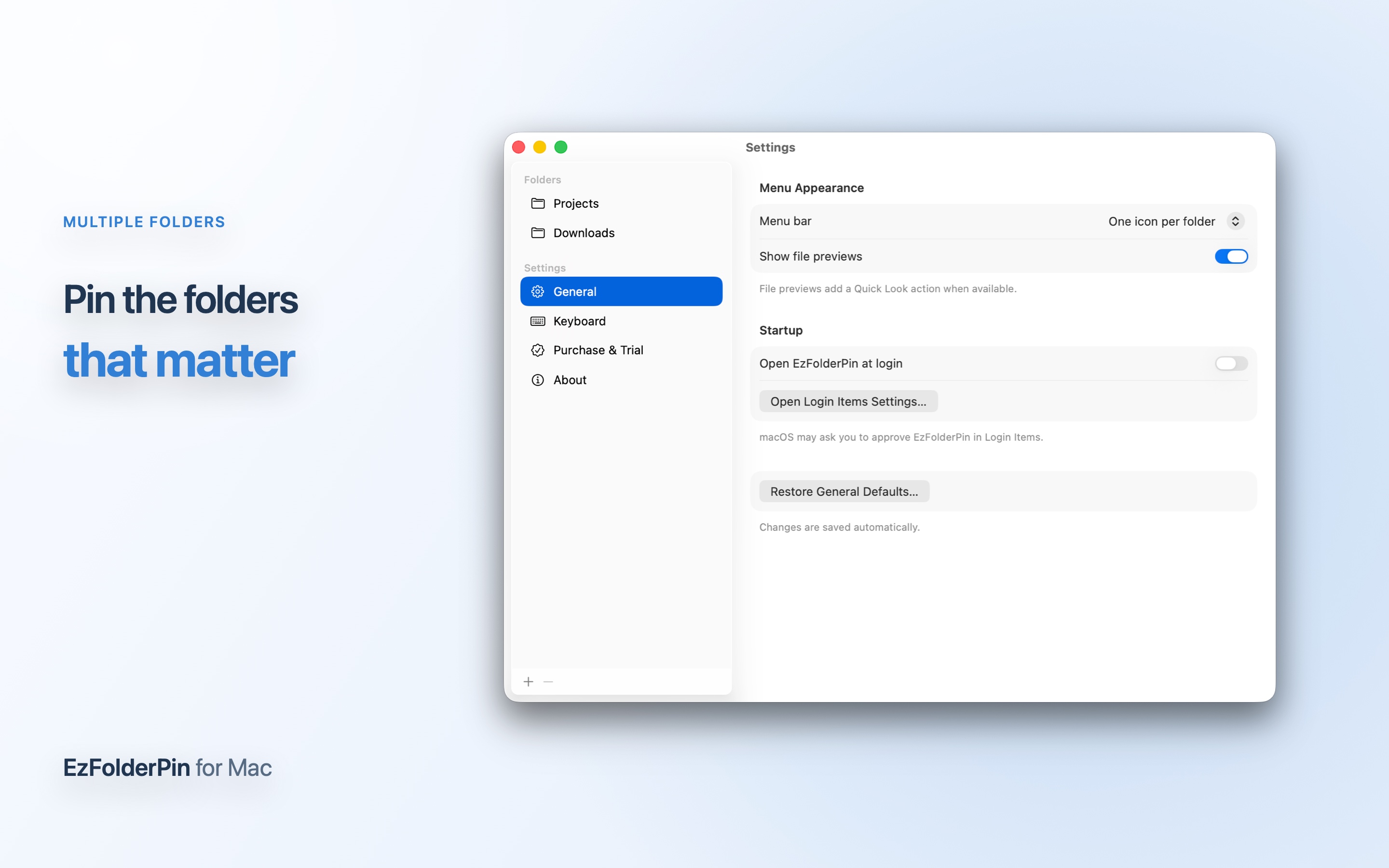 EzFolderPin Settings showing several pinned folders and their custom icons