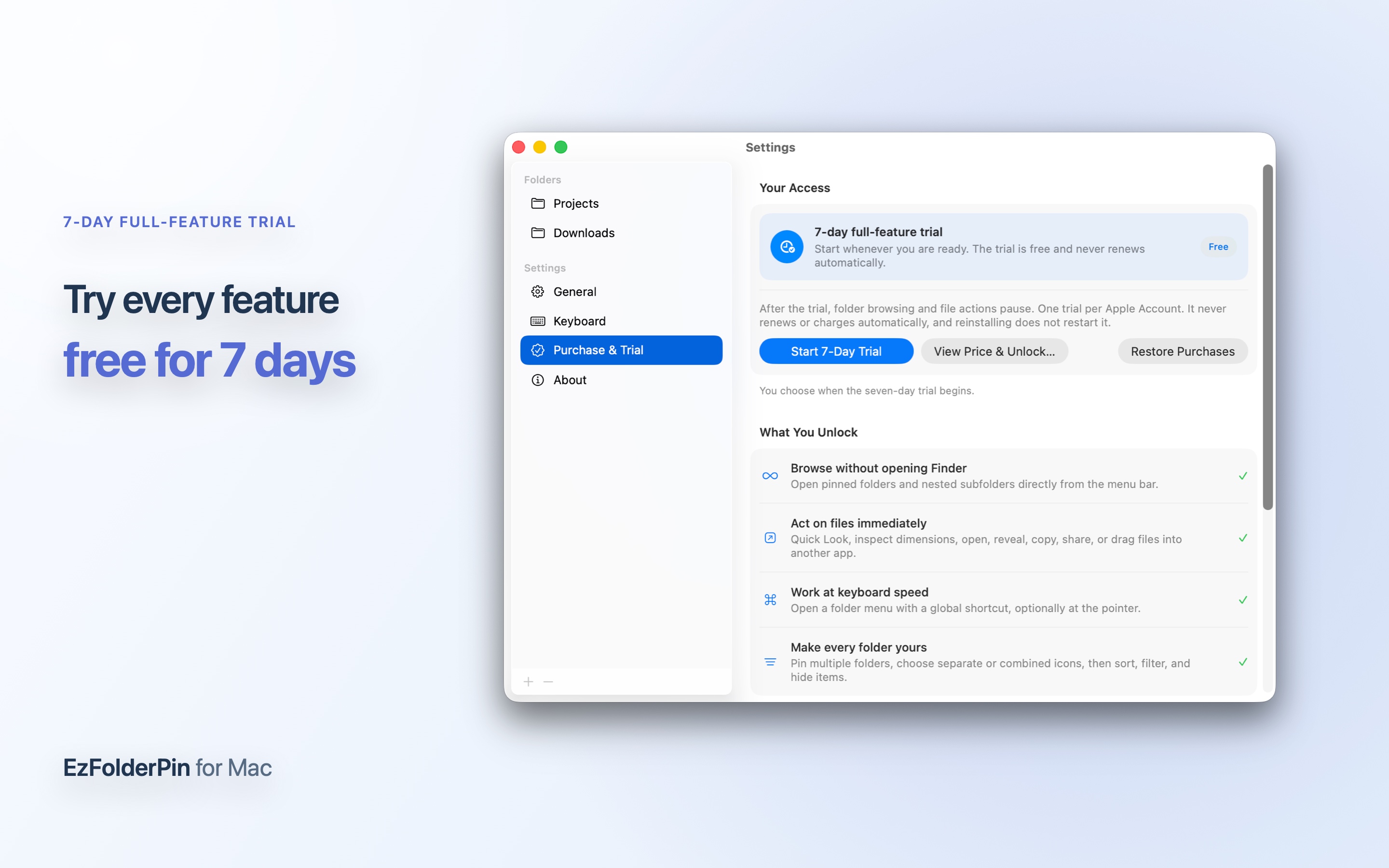 EzFolderPin seven-day trial and lifetime unlock screen
